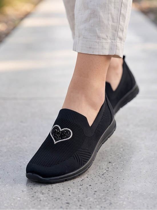 Enval Shoes - Enval Women’s Black Fabric Slip-On Comfort Loafers with Heart Accent